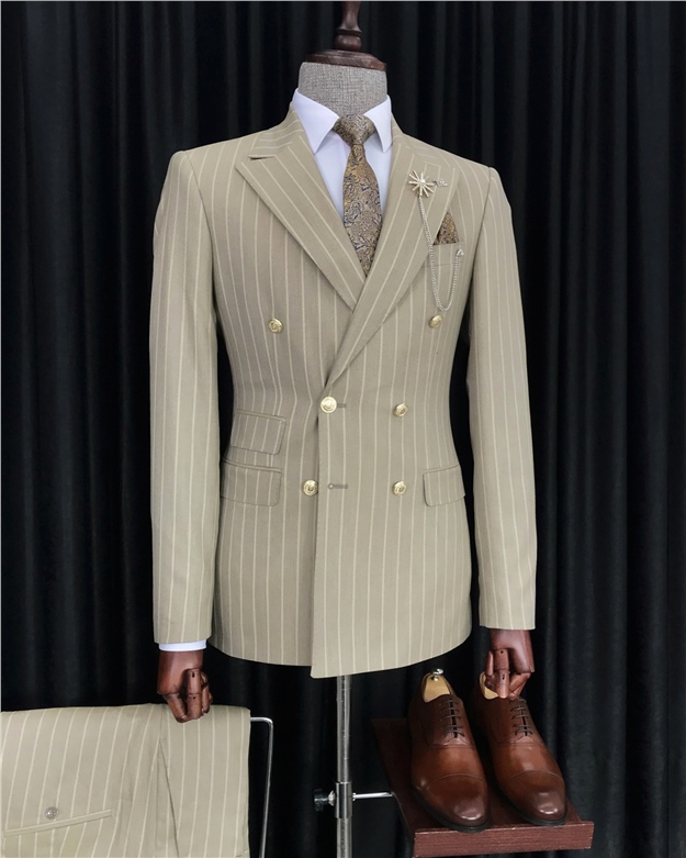 İtalyan stil çizgili kruvaze ceket pantolon takım elbise Bej T8377