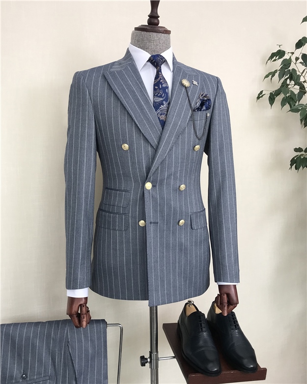 İtalyan stil çizgili kruvaze ceket pantolon takım elbise Mavi T8375