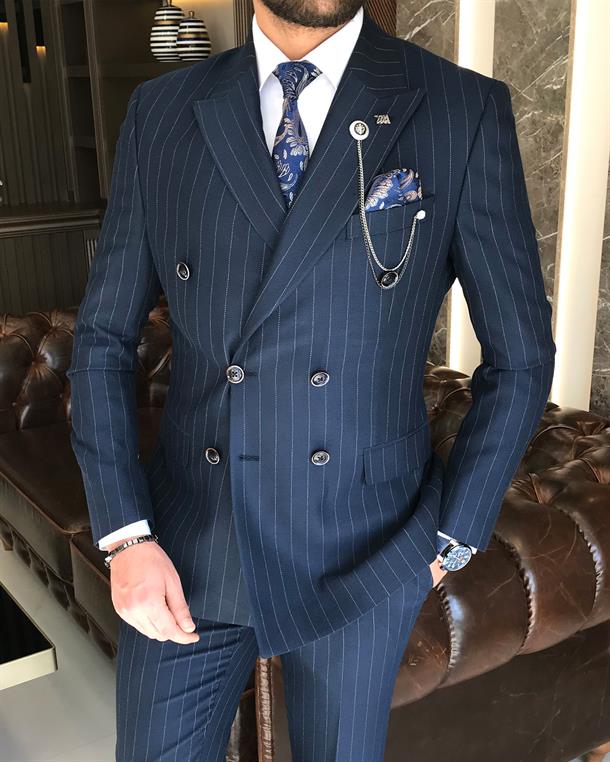 İtalyan stil çizgili kruvaze ceket pantolon takım elbise lacivert T9064