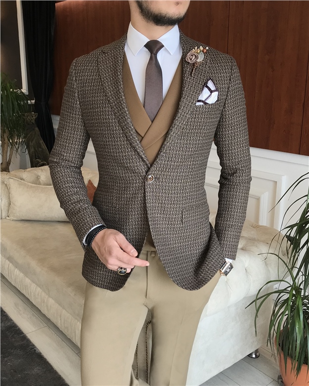 İtalyan stil erkek ceket yelek pantolon kombin camel T6336