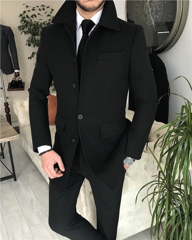 İtalyan stil erkek gömlek yaka yün kaban Siyah T8105