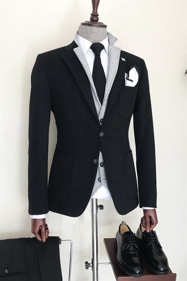 İtalyan stil erkek mono yaka torba cep  yün ceket siyah T8051
