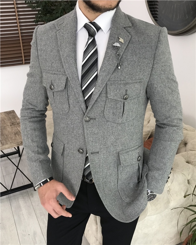 İtalyan stil erkek mono yaka  yün ceket gri  T8060