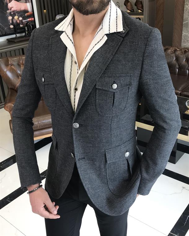 Italian style men's slim fit linen blended safari jacket black T9598