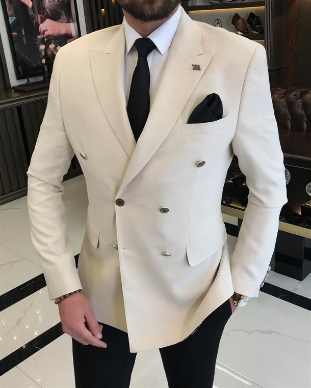 Italian Style Slim Fit Double Breasted Men Blazer Single Jacket Beige T8297