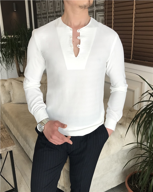 italyan stil erkek yakasız hakim yaka gömlek Beyaz T5819