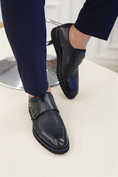 İtalyan stil iç dış naturel deri erkek ayakkabı Lacivert T5654