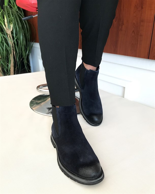 İtalyan stil iç dış naturel deri kışlık erkek bot ayakkabı Lacivert T6557