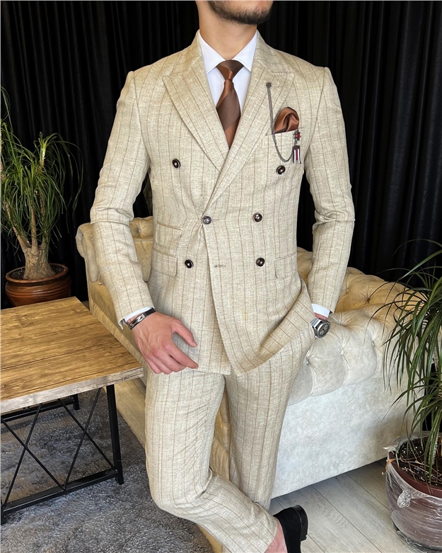 İtalyan stil kruvaze ceket pantolon takım elbise Vizon T7157