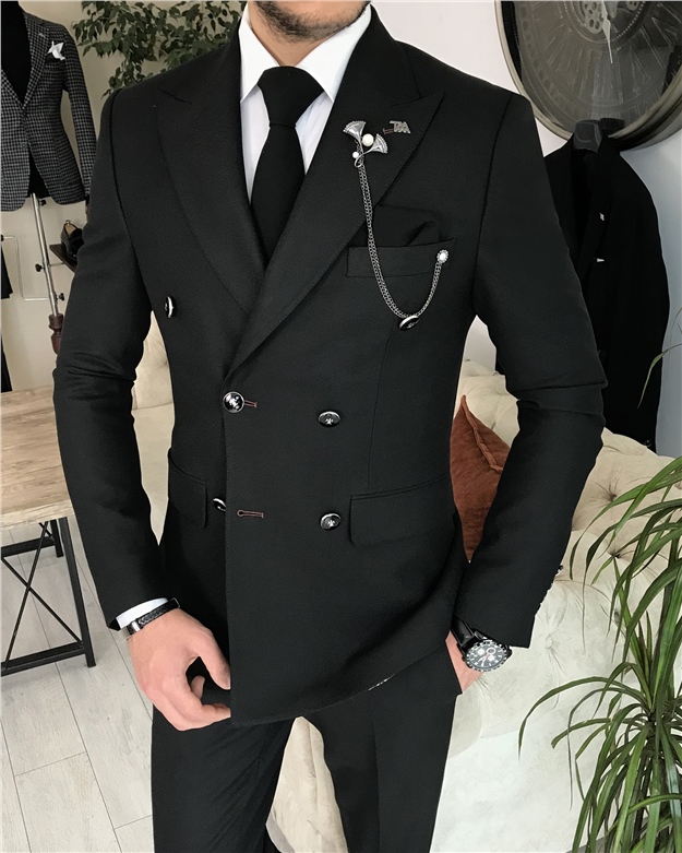İtalyan stil kruvaze ceket pantolon takım elbise Siyah T8349
