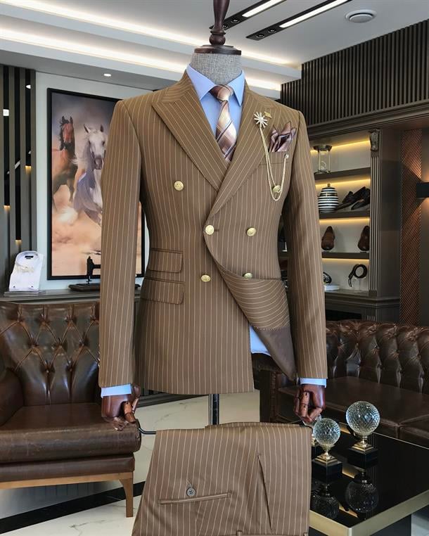 Italian Style Double Breasted Jacket Pants Suit Suit Brown T7196