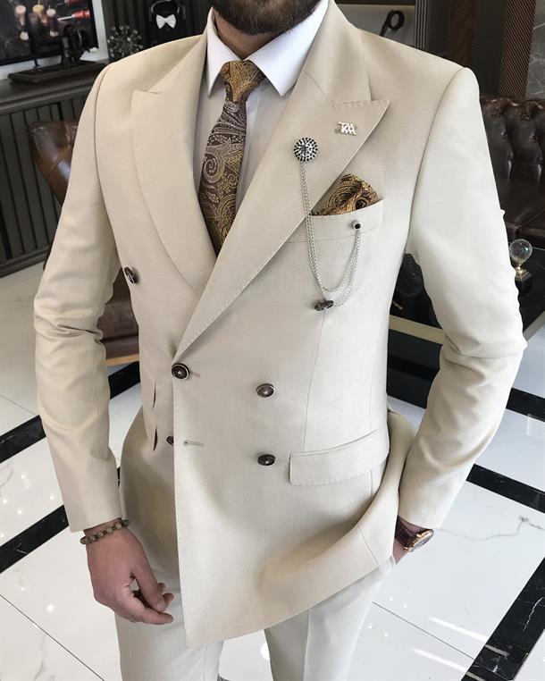 Italian style double-breasted jacket trouser suit beige T9107