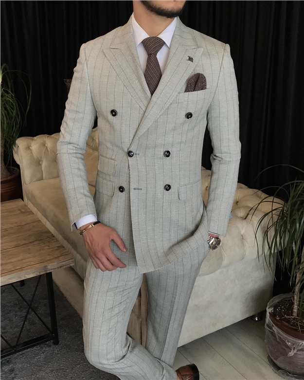 İtalyan stil kruvaze ceket pantolon takım elbise Gri T7152