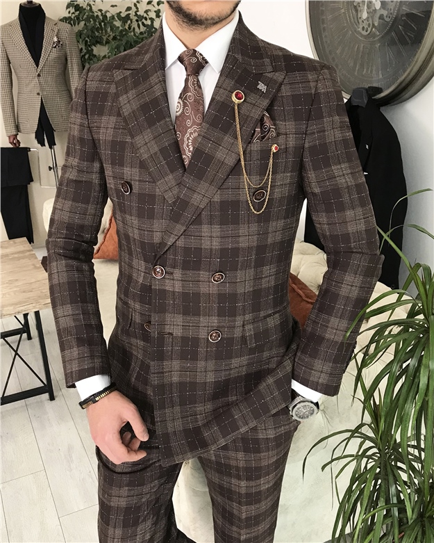 İtalyan stil kruvaze ekose ceket pantolon takım elbise Kahverengi T8409