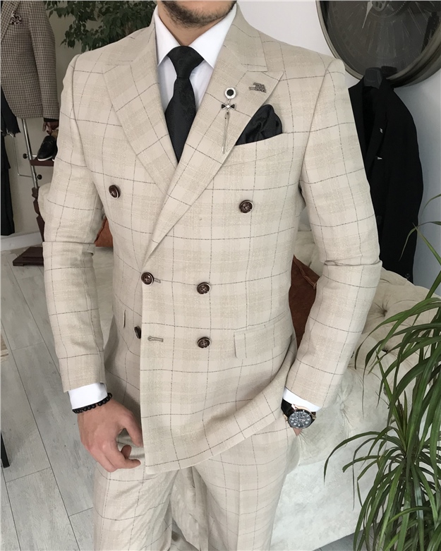 İtalyan stil kruvaze ekose ceket pantolon takım elbise Bej T8407
