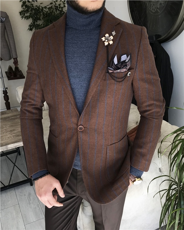 İtalyan stil mono yaka yün karışımlı erkek çizgili tek ceket Kahverengi T8313