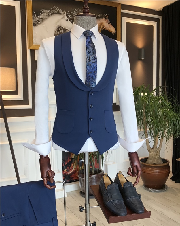 İtalyan stil slim ceket yelek pantolon takım elbise mavi T6177