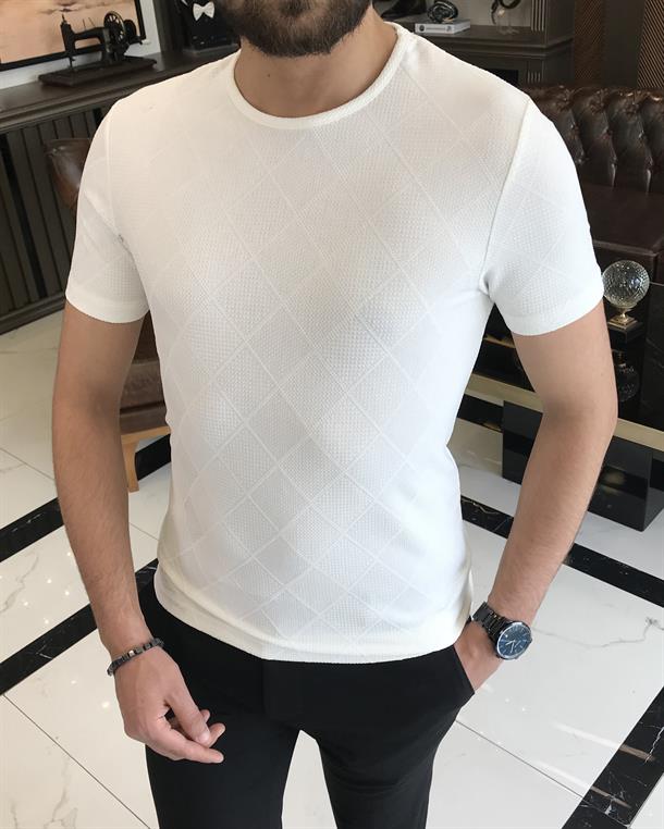 Italian style slim fit crew neck lozenge cotton T-shirt ecru T9399