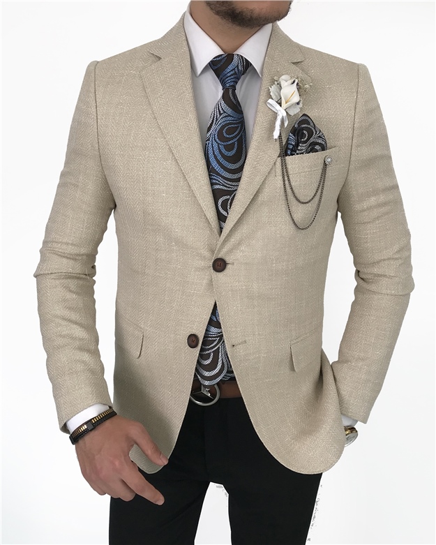 İtalyan stil slim fit blazer erkek tek ceket Bej T7685