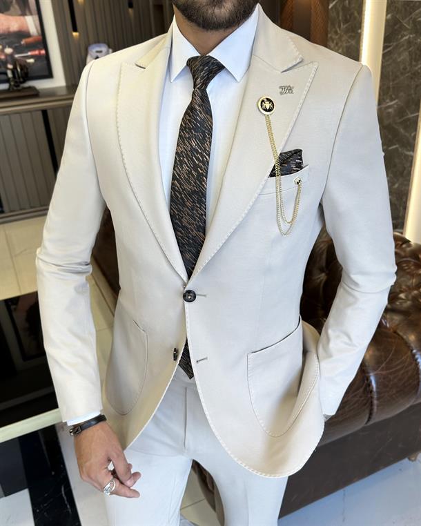 Italian style slim fit jacket pant suit beige T9689