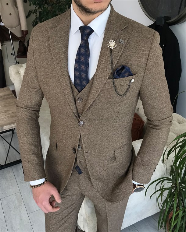 İtalyan stil slim fit ceket yelek pantolon takım elbise Kahverengi T8353
