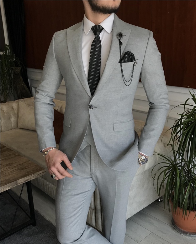 İtalyan stil slim fit ceket yelek pantolon gri takım elbise T7169