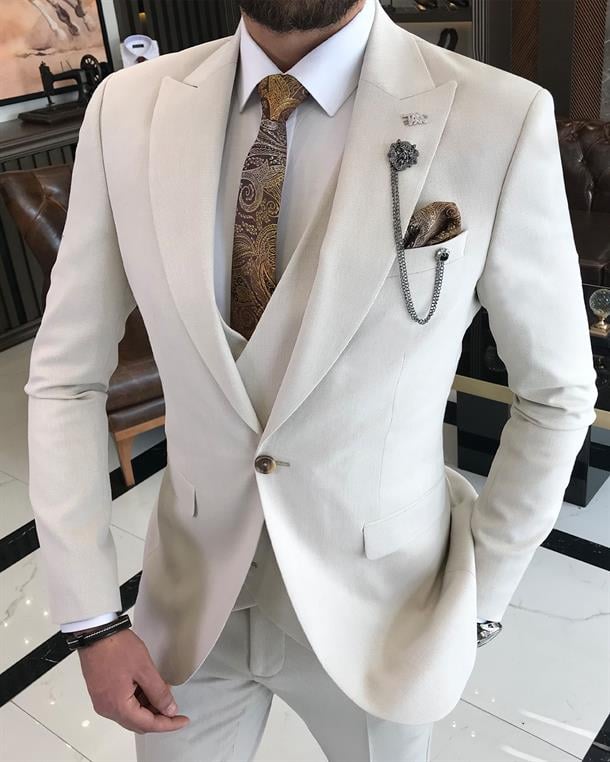 Italian style slim fit jacket vest pant suit beige T9086