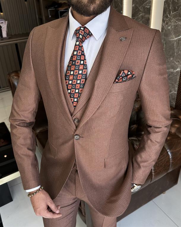 İtalyan stil slim fit ceket yelek pantolon takım elbise kahverengi T9959