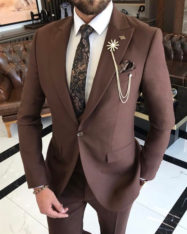 Italian style slim fit jacket vest pant suit brown T9683