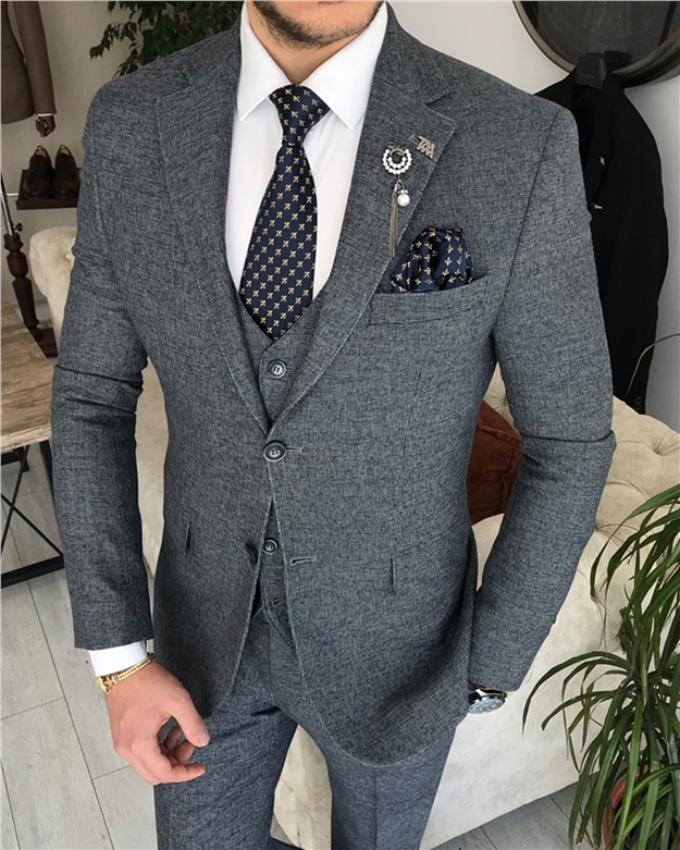 İtalyan stil slim fit ceket yelek pantolon takım elbise Lacivert T8352