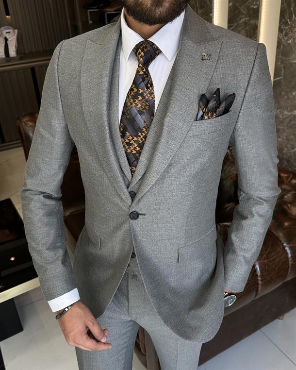 İtalyan stil slim fit ceket yelek pantolon takım elbise gri T9961