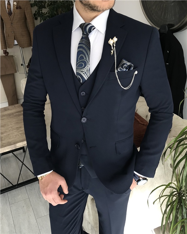 İtalyan stil slim fit ceket yelek pantolon takım elbise Lacivert T8359