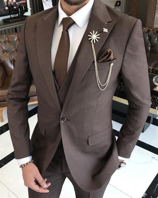 İtalyan stil slim fit ceket yelek pantolon takım elbise kahverengi T9759