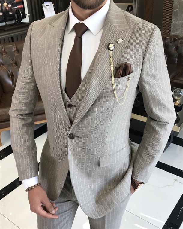 İtalyan stil slim fit çizgili ceket yelek pantolon takım elbise bej T9755