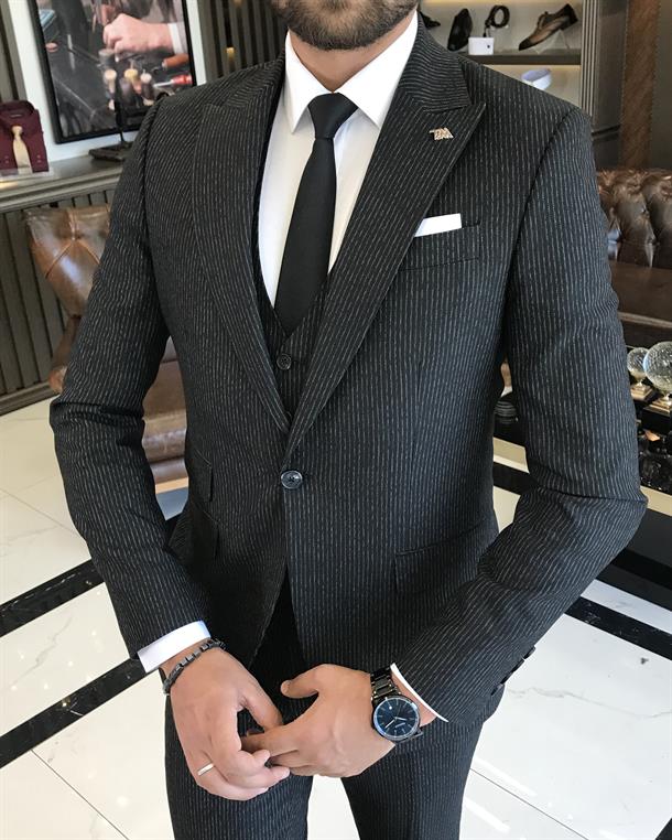 Italian style slim fit striped jacket vest pant suit black T9680
