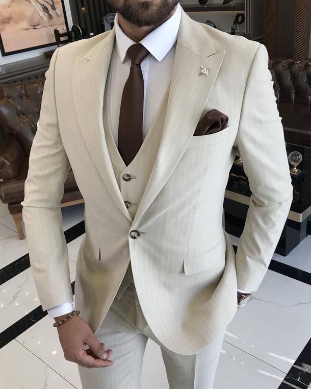  Italian style slim fit striped jacket vest pant suit beige T9752