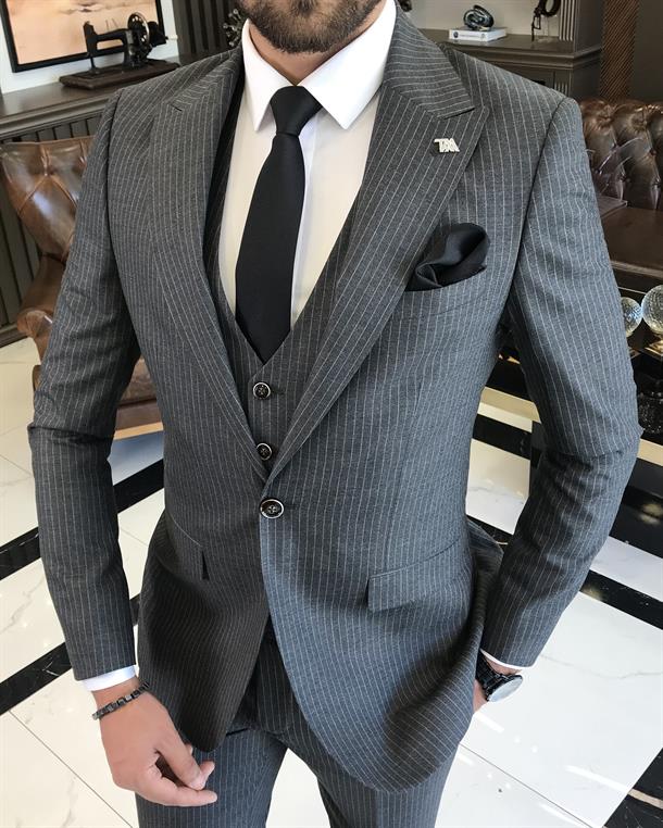 Italian style slim fit striped jacket vest pant suit gray T9746