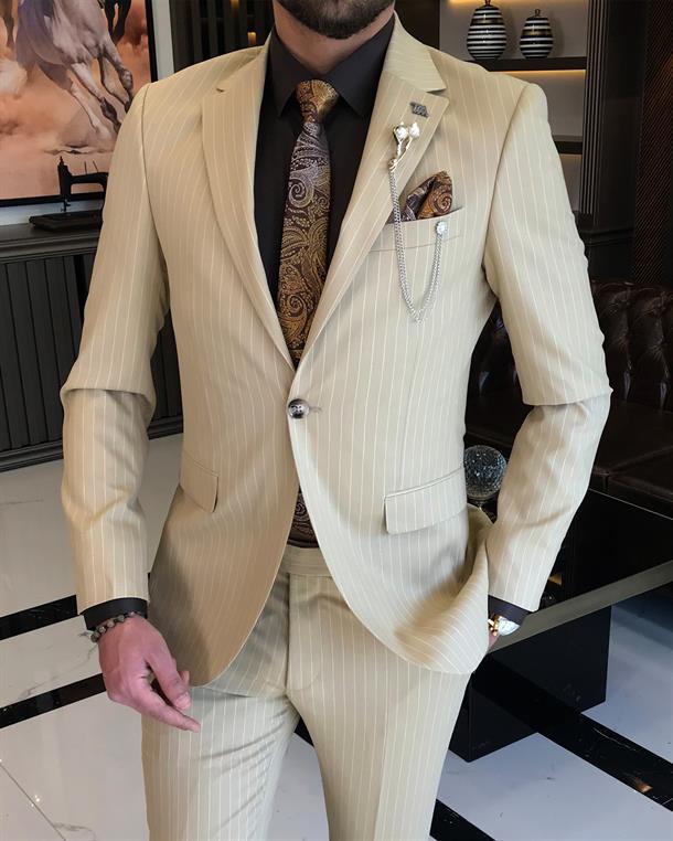 Italian Style Slim Fit Striped Men's Jacket Trousers Suit Camel T8671