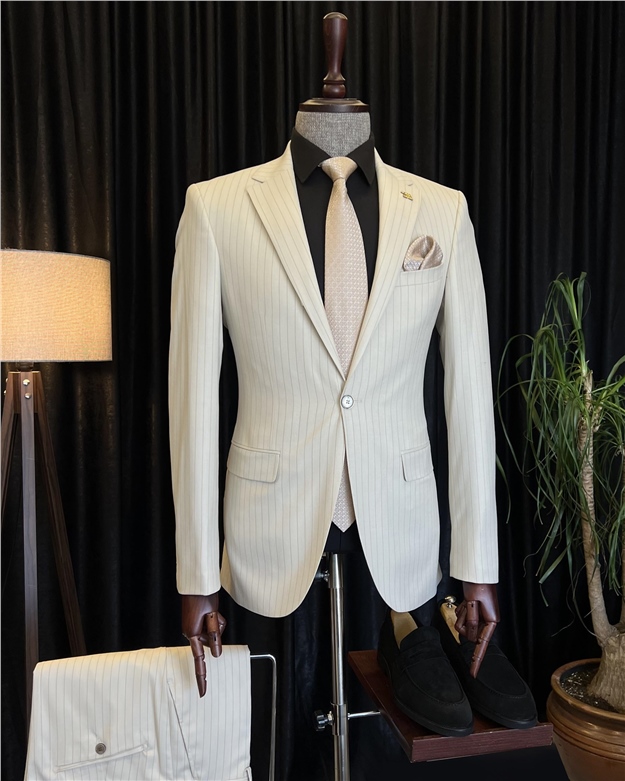 İtalyan stil slim fit çizgili erkek ceket pantolon takım elbise Bej T7194