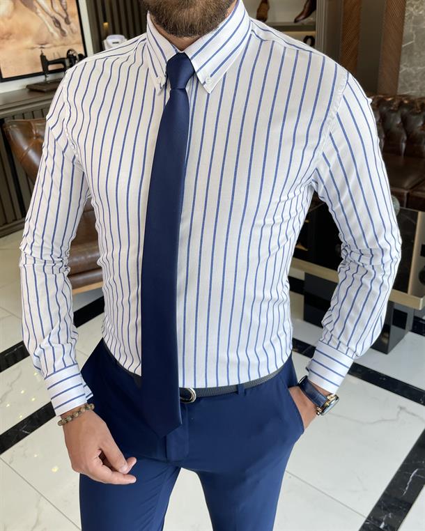 Italian style slim fit striped men's high collar shirt white T9244