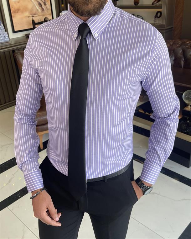 Italian style slim fit striped men's high collar shirt lilac T9253