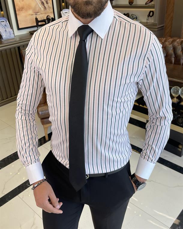 Italian style slim fit satin cotton blend striped men's tie collar shirt white T9234