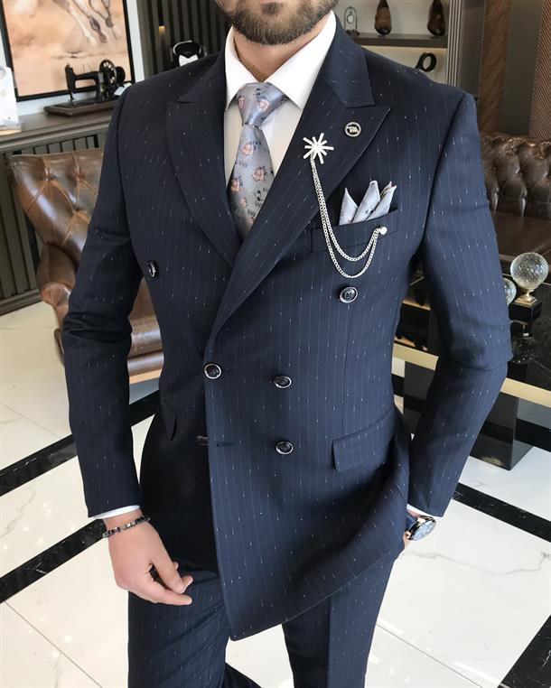 Italian style slim fit striped double-breasted jacket pant suit navy blue T9606