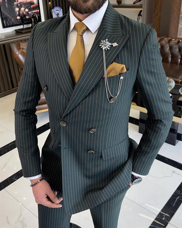 Italian style slim fit striped double-breasted jacket pant suit green T9552