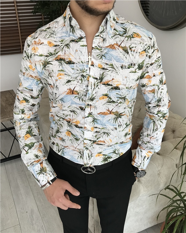 İtalyan stil slim fit dik yaka erkek desenli pamuk gömlek Çok Renkli T7185
