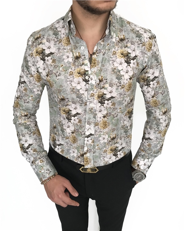 İtalyan stil slim fit dik yaka erkek desenli pamuk gömlek Çok Renkli T7186