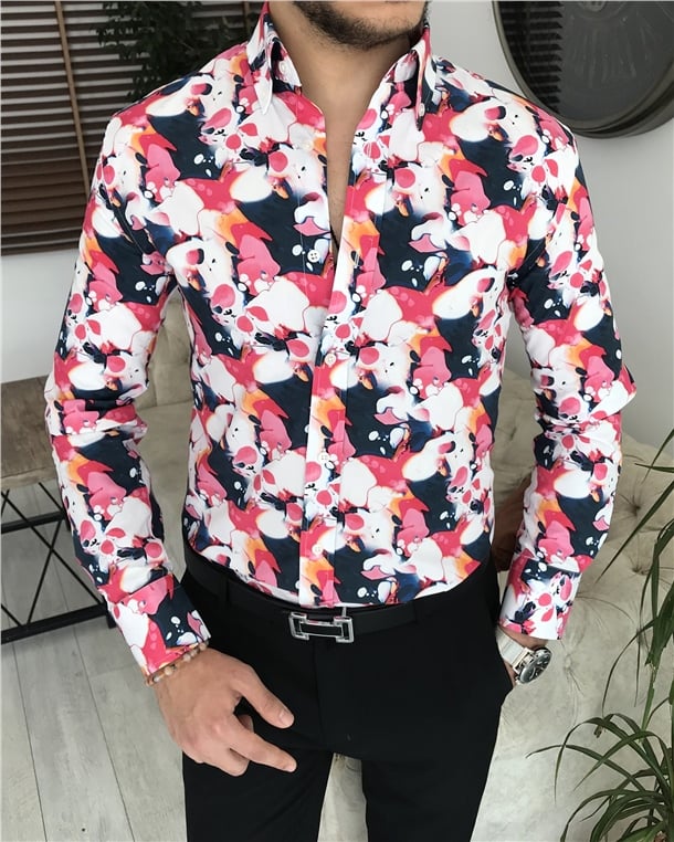 İtalyan stil slim fit dik yaka erkek desenli pamuk gömlek Çok Renkli T7188