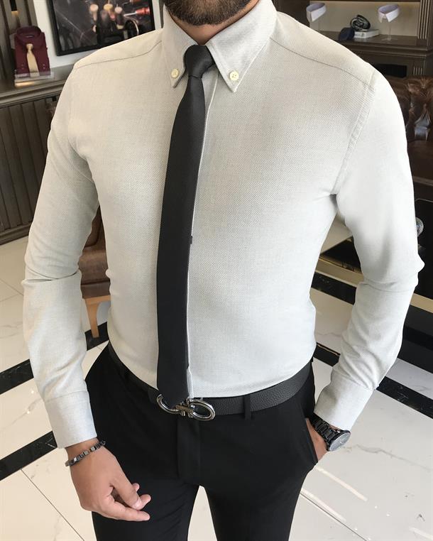 italian style slim fit high collar men's shirt gray T9325