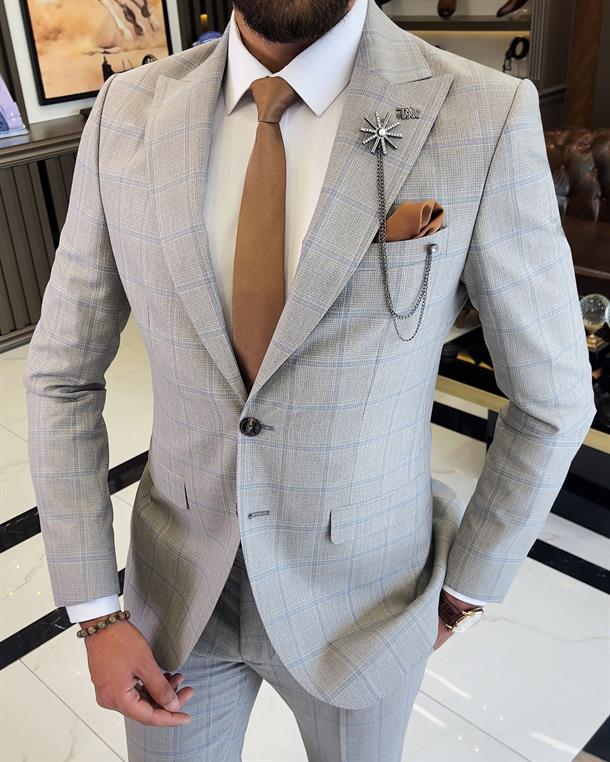 Italian style slim fit plaid jacket pant suit mink T9560