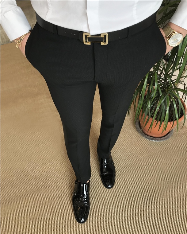 İtalyan stil slim fit erkek armür desen kumaş pantolon Siyah T6971